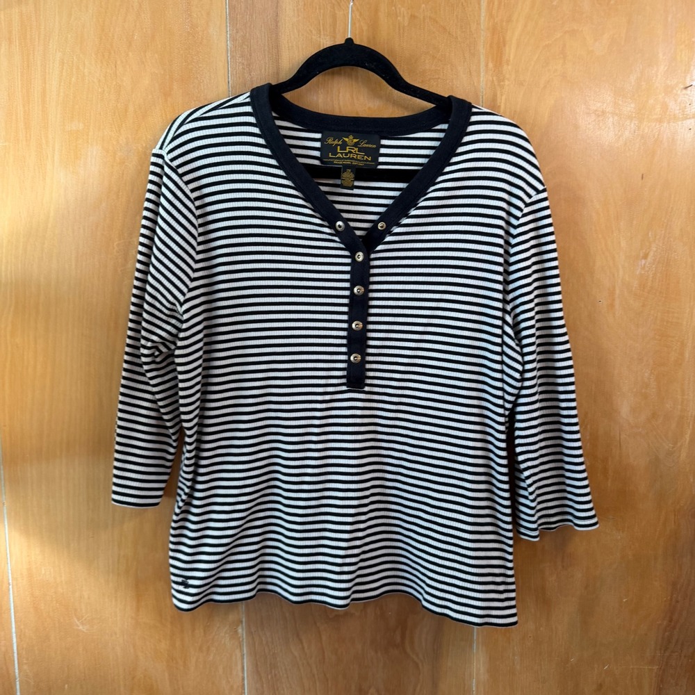 Lauren Ralph Lauren Womens 2X Black White Striped Ribbed‎ Henley Top 3/4 Sleeve